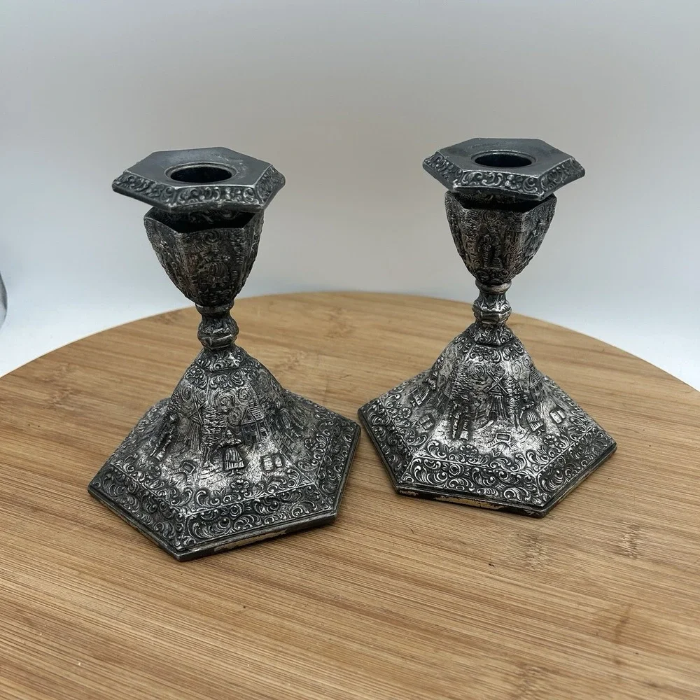 VINTAGE JB JENNINGS BROTHERS CANDLE HOLDER Set ART NOUVEAU PASTORAL SCENE MARKED